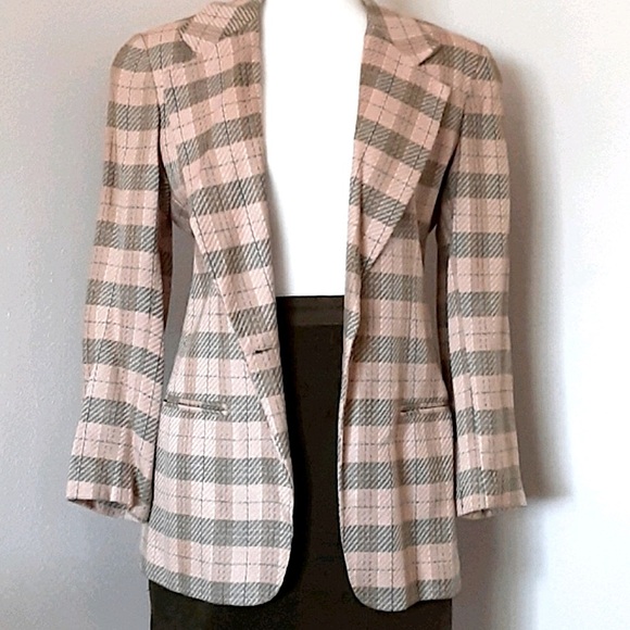 Vintage Preppy Plaid Blazer Peach Tan Olive Green Structured Jacket Sz 4 - Picture 1 of 8